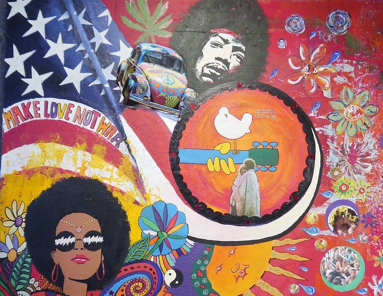 Woodstock Mural featuring Hendrix, american flag, and photos from Woodstock